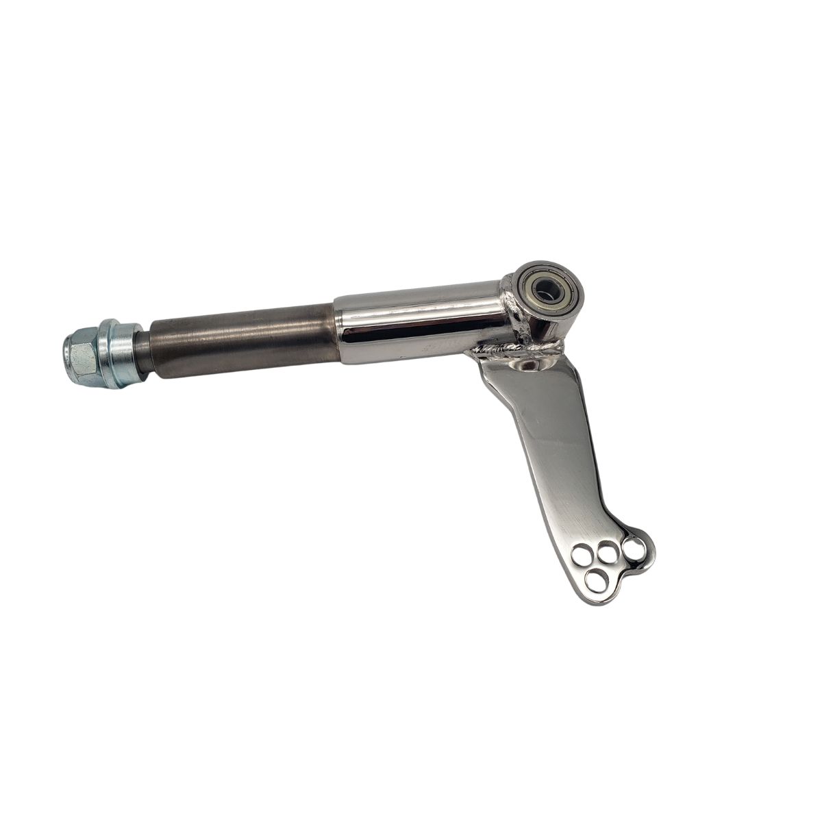 Chrome mechanical arm component with bolt holes and a cylindrical shaft on a white background