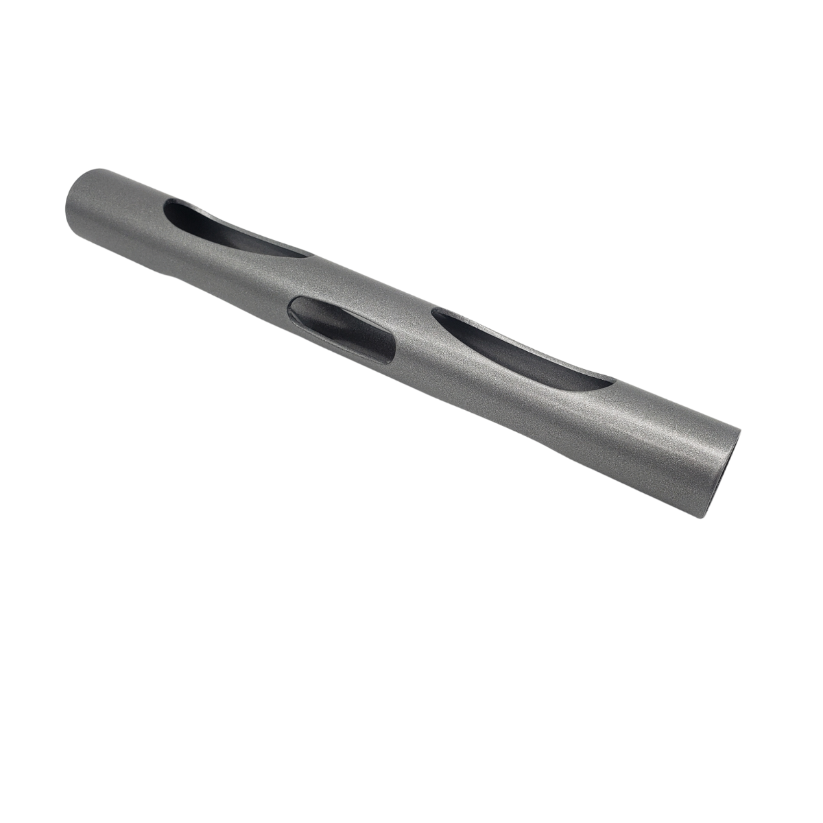 Metallic gray cylindrical drill bit with spiral grooves