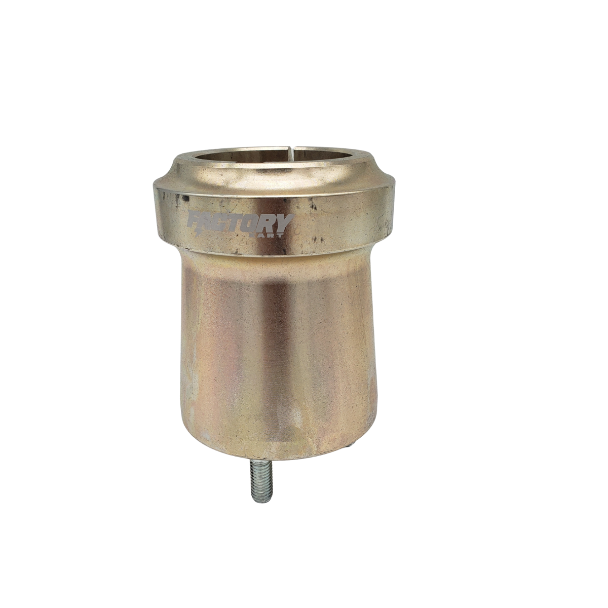 Small metallic valve or connector with a threaded bottom, isolated on white background