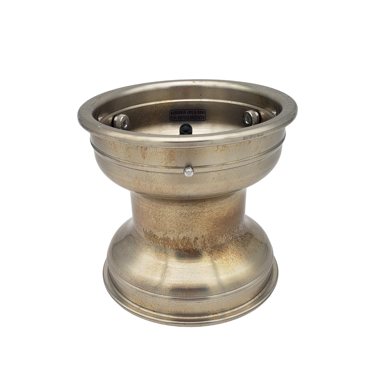 Brass-colored decorative pedestal bowl with a wide flared rim, centered on a white background