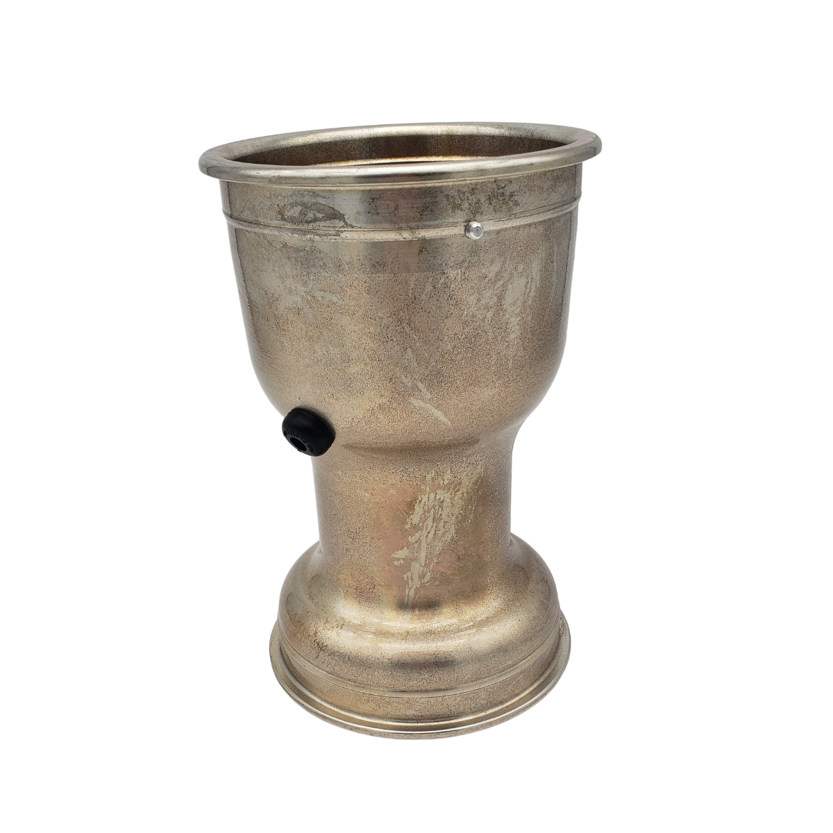 Silver metal goblet with a flared rim and a small black knob on the side