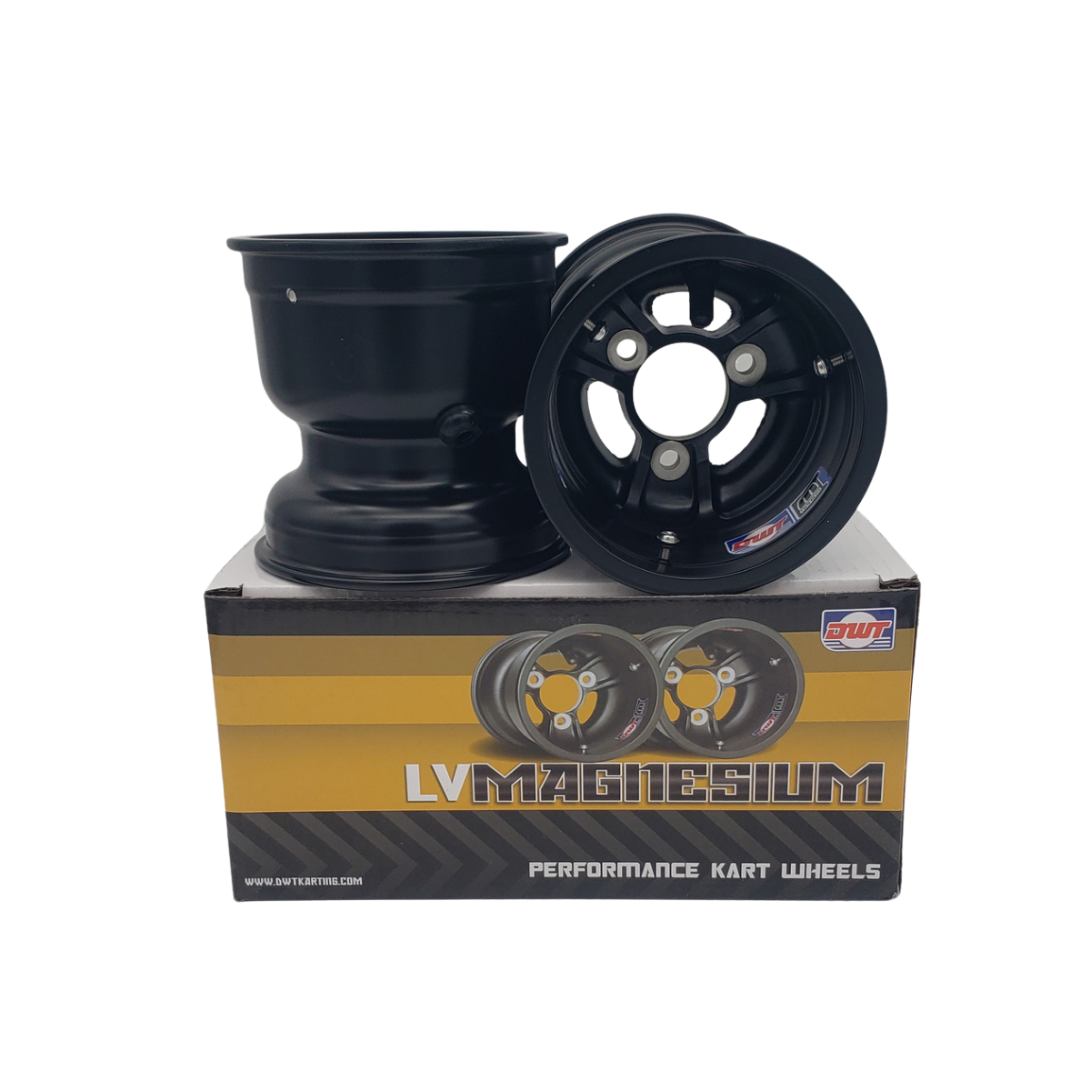 Black performance kart wheel rims on a Lym Magnesium product box