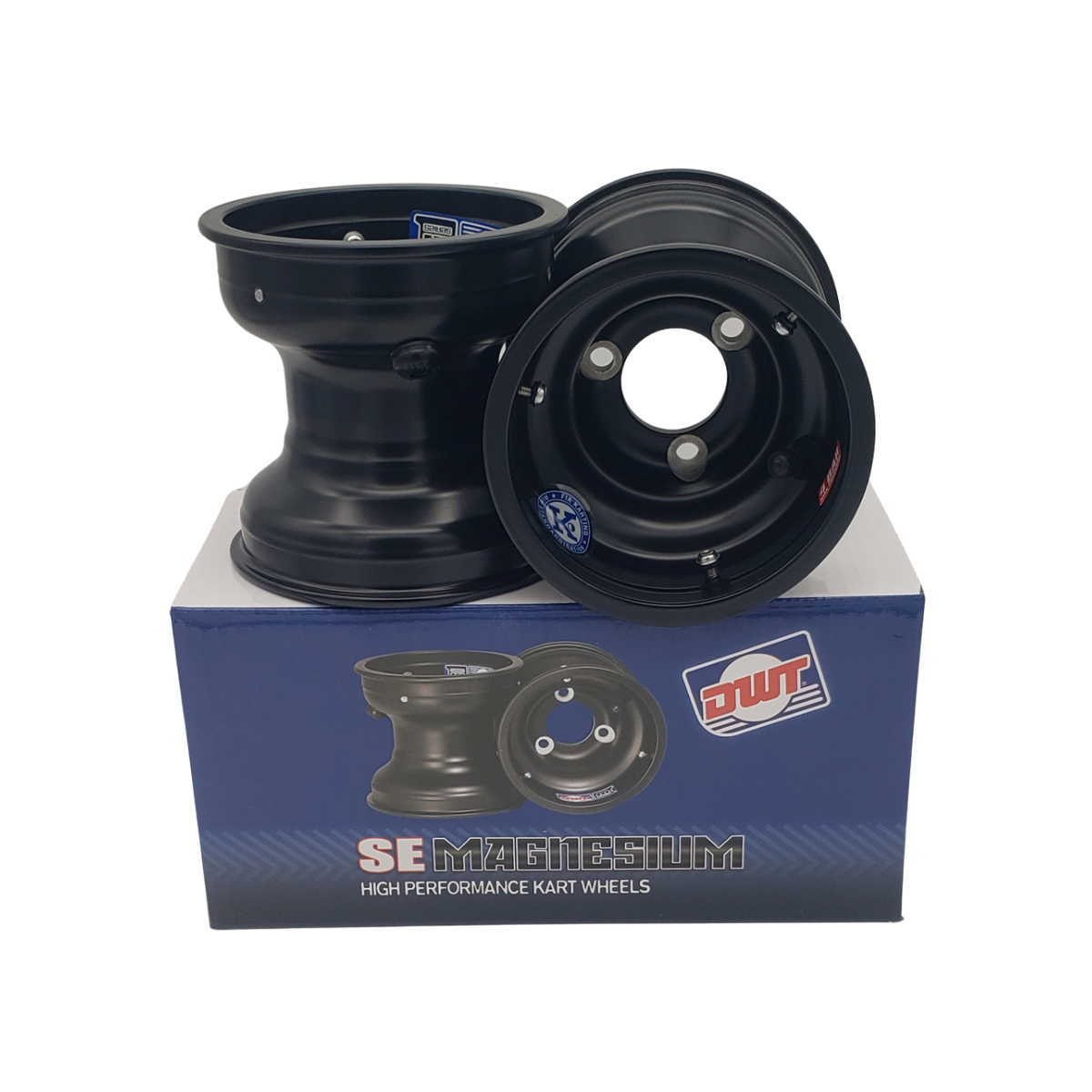 Two black racing wheel rims stacked on a blue product box with a logo.