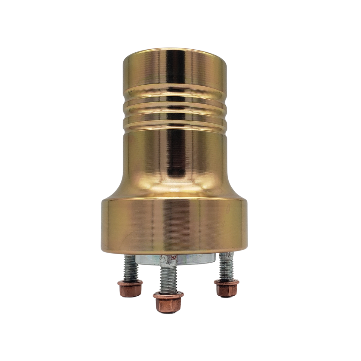 Gold-colored metal electrical connector with three threaded terminals on a white background