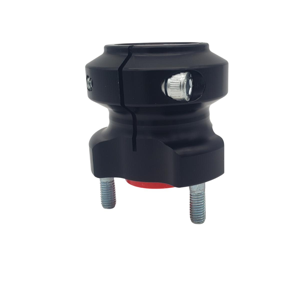 Black electrical terminal connector with two metal threaded posts and a red base. Hub Hole.