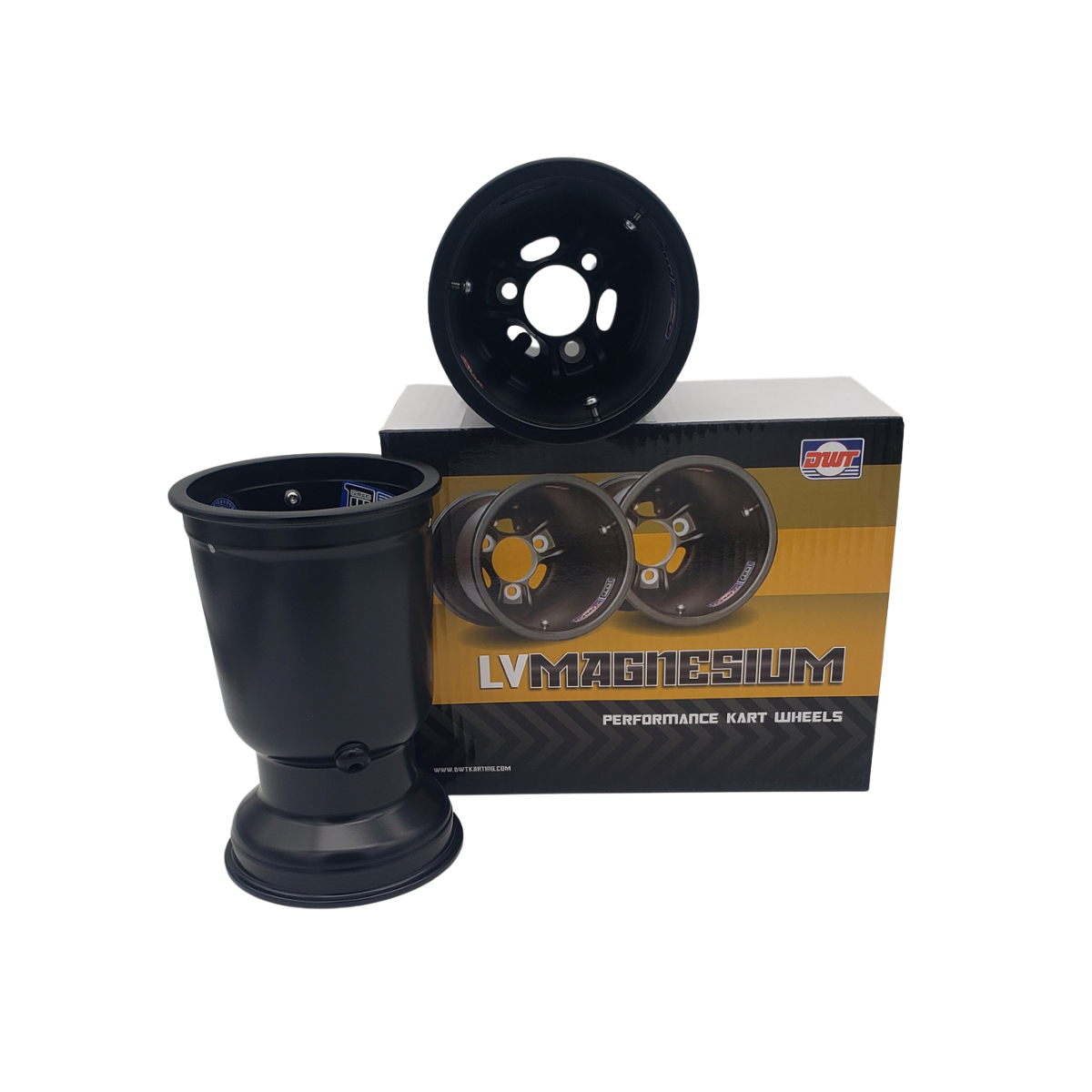 Black automotive wheel rim and two smaller rims displayed beside a product box on a white background