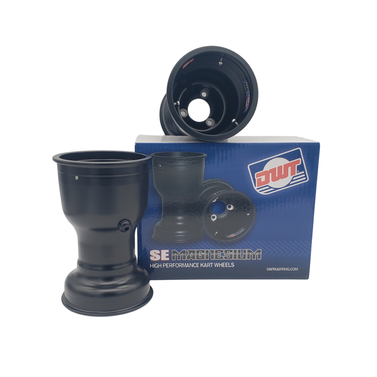 Black racing wheel rim displayed in front of a blue product box with a logo.