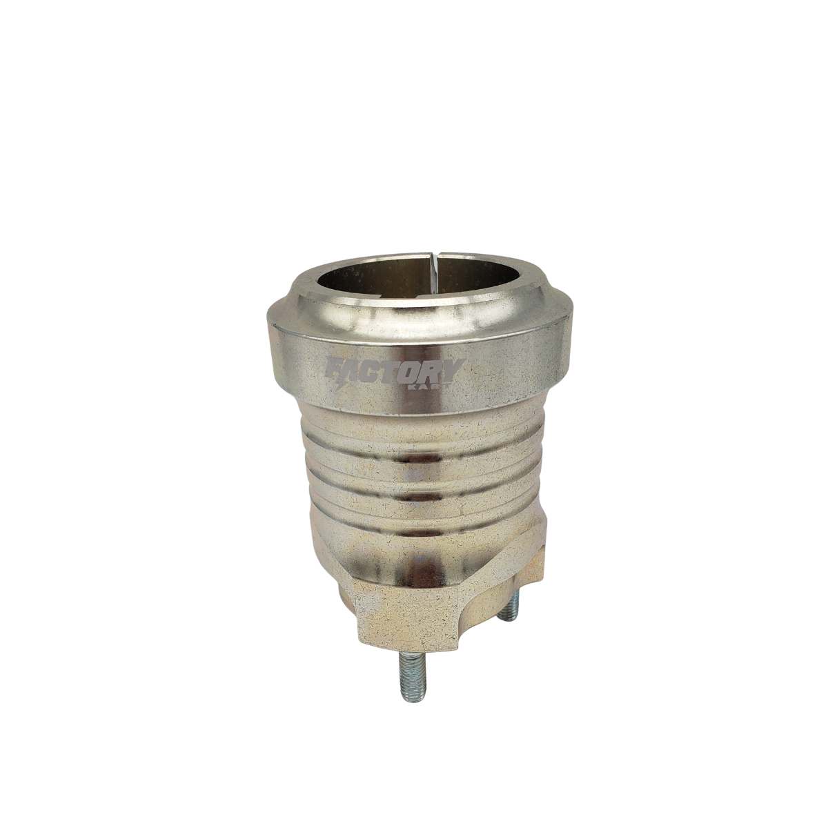 Metallic silver threaded pipe fitting with a small nozzle, isolated on a white background
