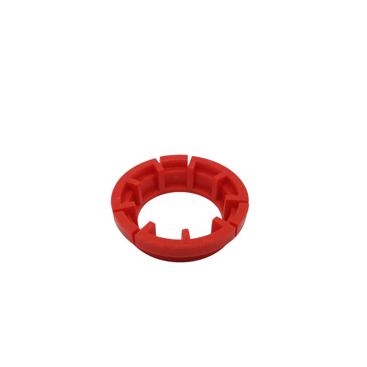 Red plastic ring-shaped clip with small inner tabs on a white background