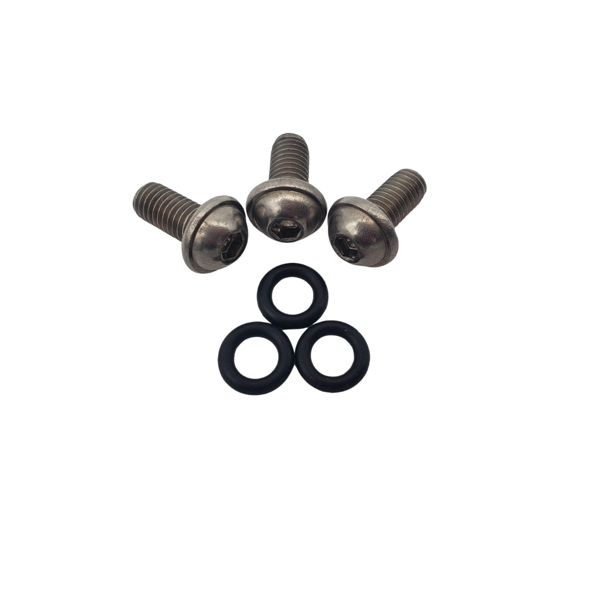 Three black screws with three black O-rings on a white background