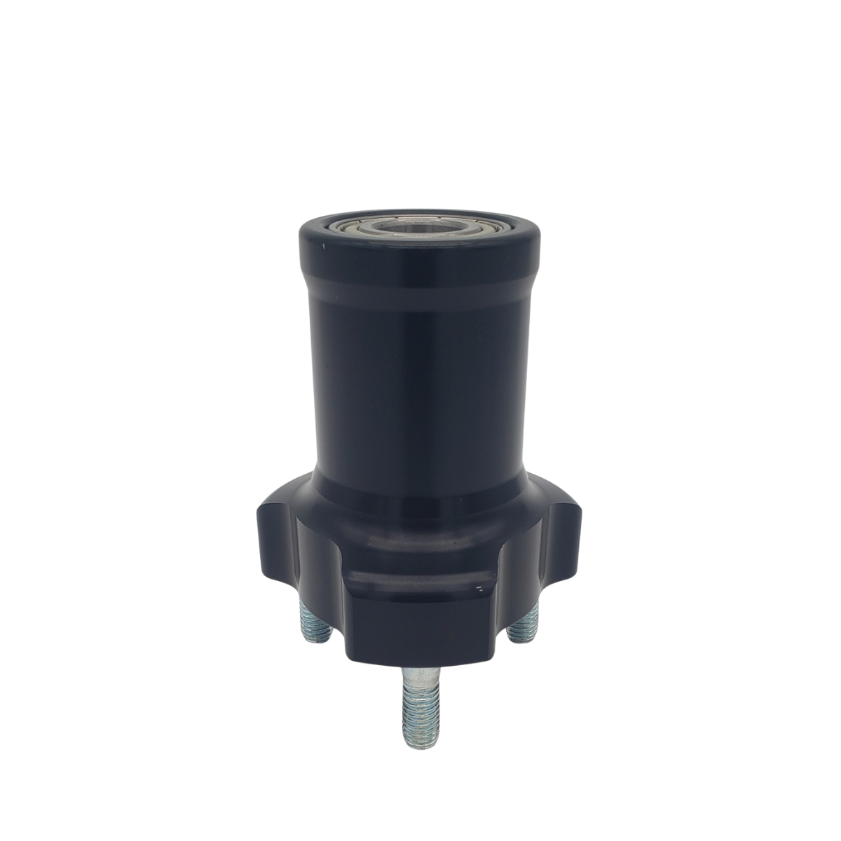 Black cylindrical hardware mount with side tabs and a threaded metal bolt on a white background