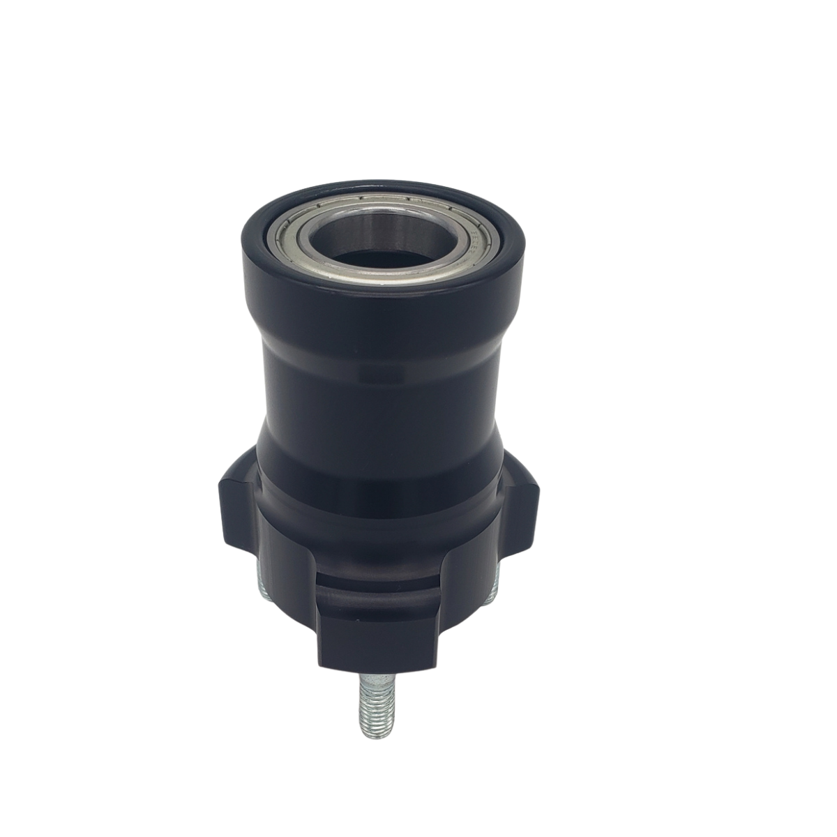 Black cylindrical electrical connector with metal ring and side tabs on a white background