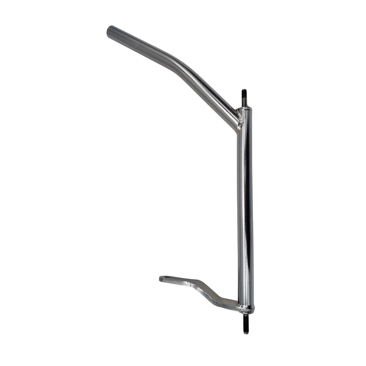 Chrome metal wall-mounted handle with curved top grip and lower footrest arm