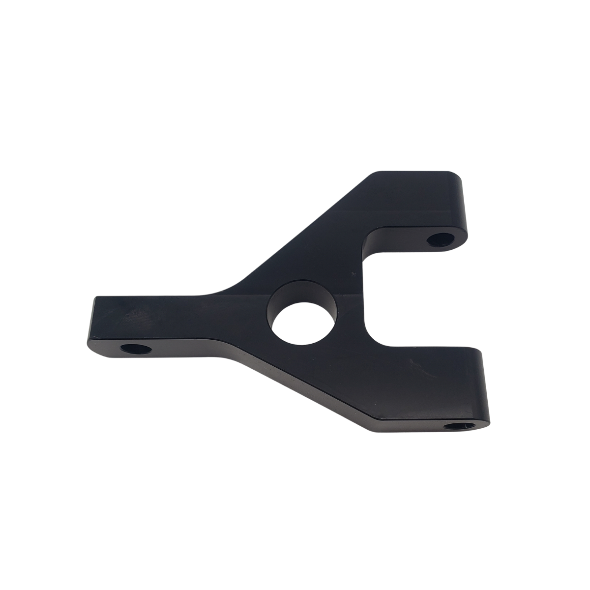 Black metal bracket with a central hole and two pronged ends on a white background