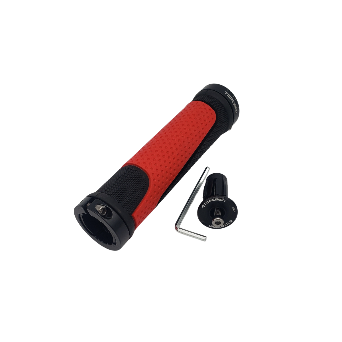 Red and black bicycle handlebar grip with a small mounting screw and hex key beside it