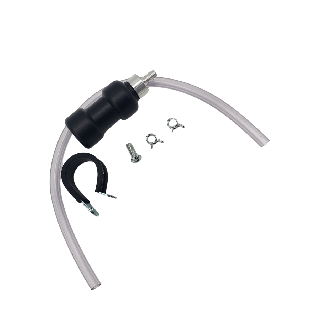 Clear plastic tubing with a black connector, clamp, and small screws on a white background