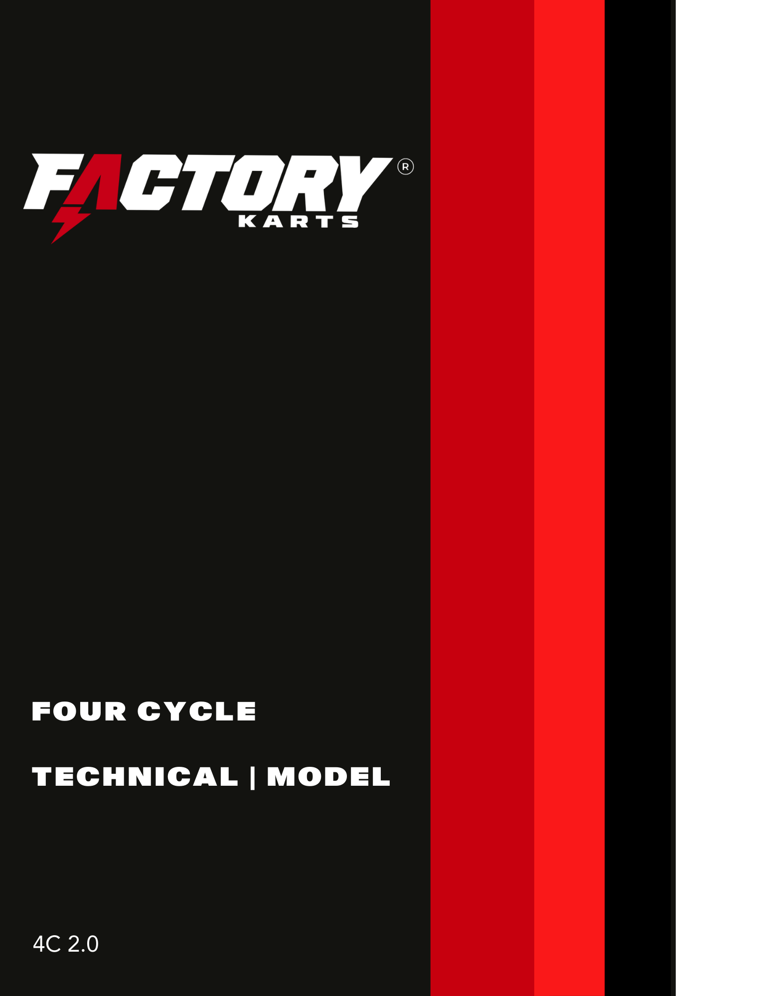 Factory Karts four cycle technical model cover with black, red, and white vertical stripes.