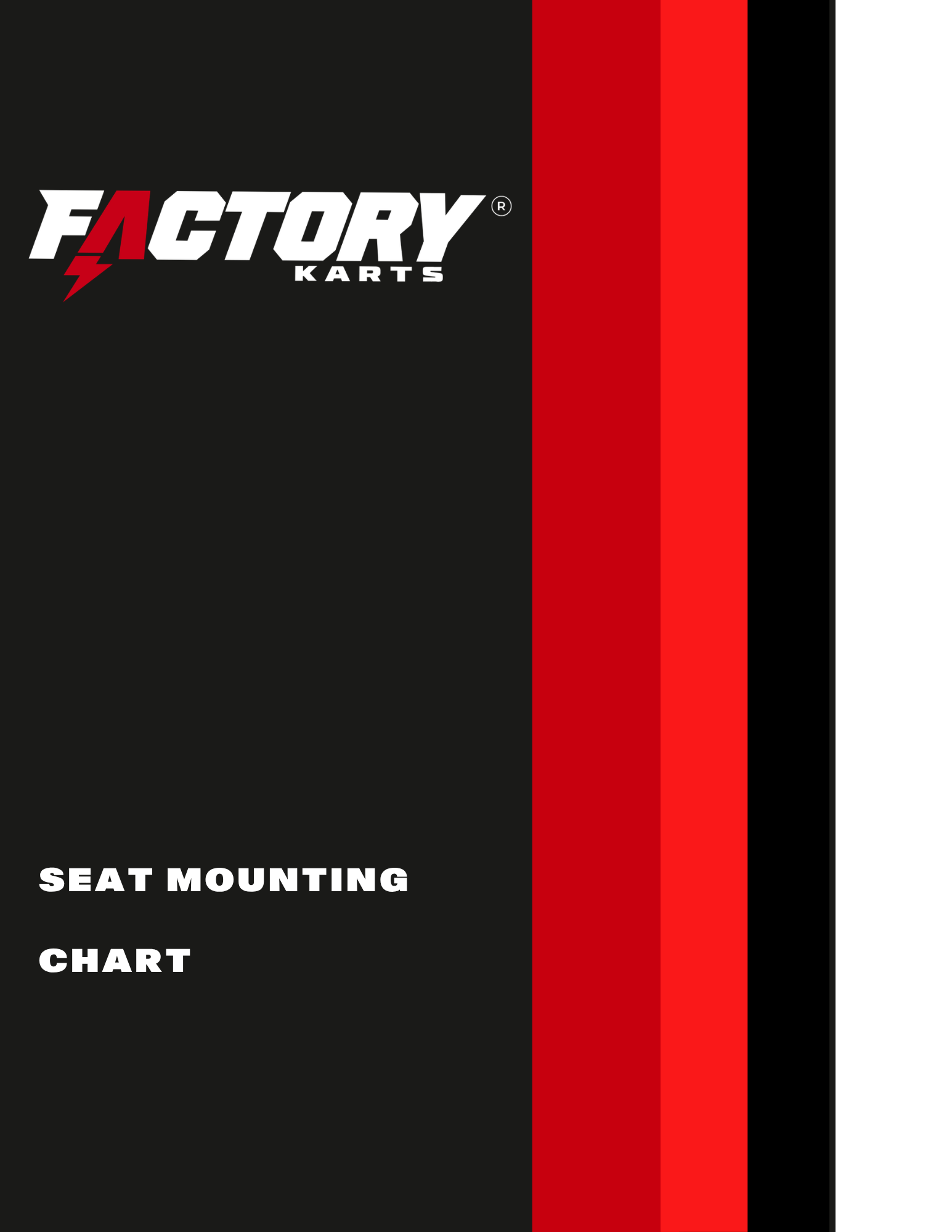 Factory Karts seat mounting chart cover with black, red, and white vertical stripes.