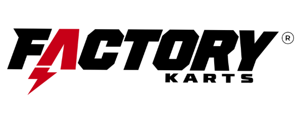 FACTORY KARTS logo in black and red with a lightning bolt design