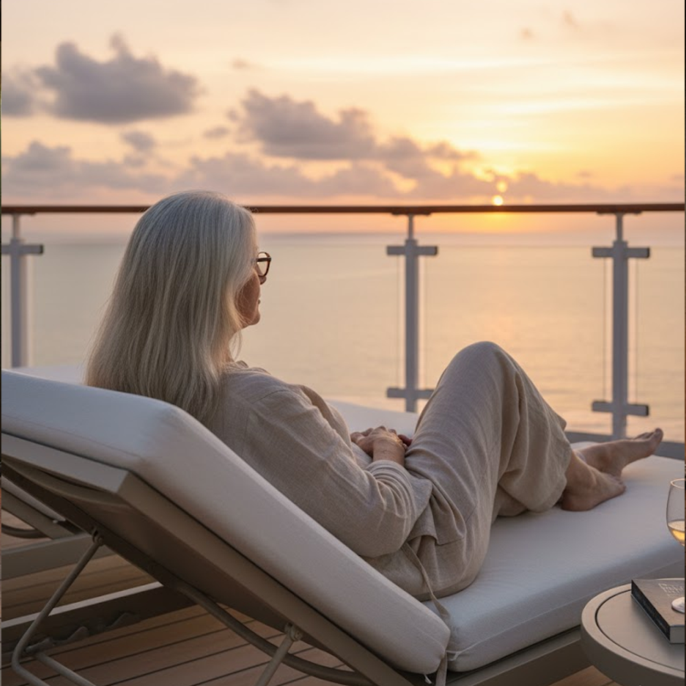 Woman relaxing on a lounge chair at sunset, overlooking the ocean from a balcony.