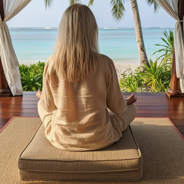 Person sitting on a cushion facing a tropical beach and ocean from a shaded porch