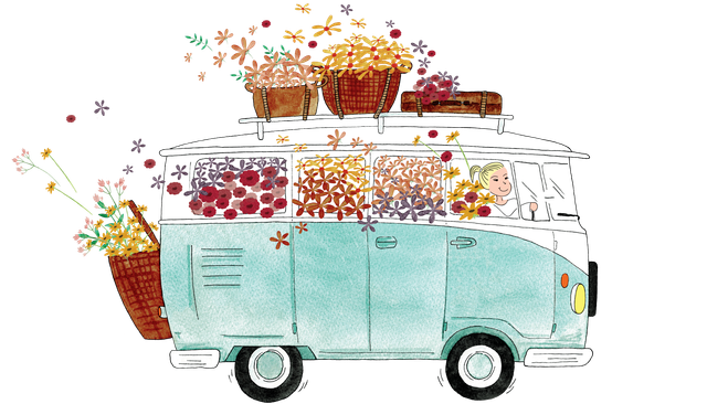 Animatie Volkswagenbusje met allerlei bloemen