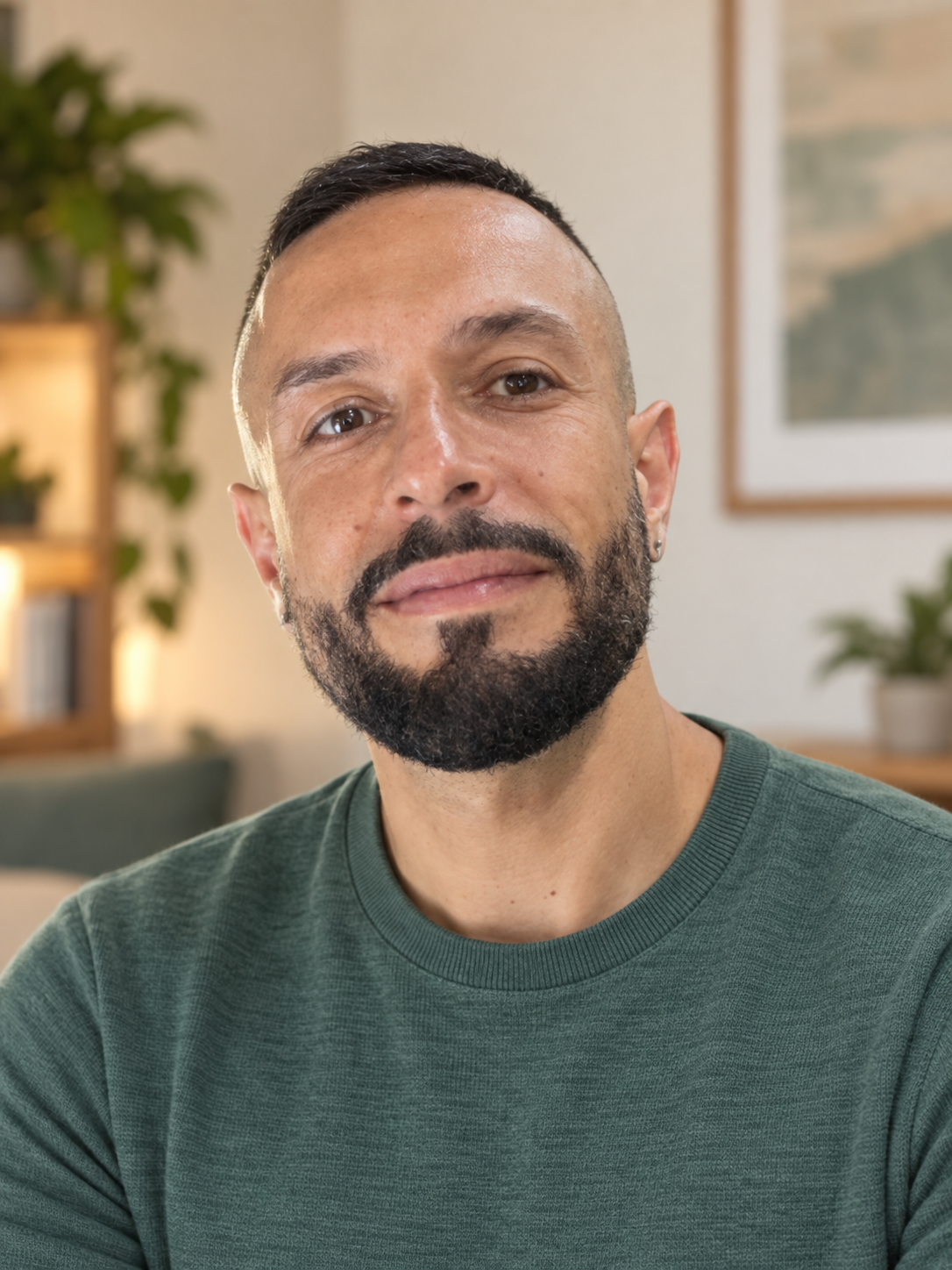 Portrait of a smiling man in a green sweater, indoors with a softly blurred background.