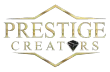 Gold-colored text "PRESTIGE CREATORS" featuring a black diamond icon in place of the letter "A," set inside gold borders.