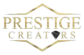Gold-colored text "PRESTIGE CREATORS" featuring a black diamond icon in place of the letter "A," set inside gold borders.
