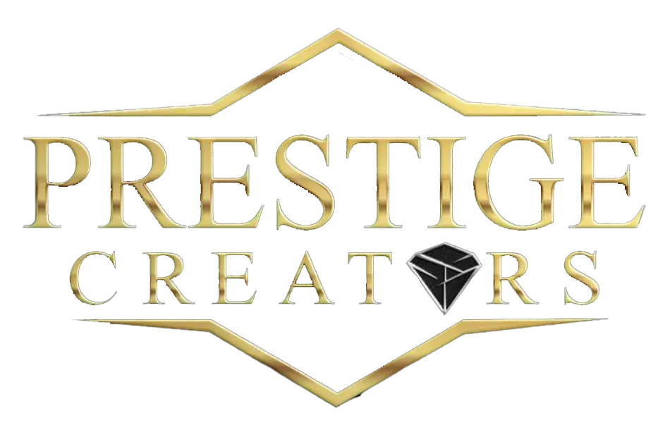Gold-colored text "PRESTIGE CREATORS" featuring a black diamond icon in place of the letter "A," set inside gold borders.