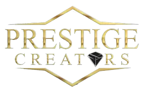 Gold-colored text "PRESTIGE CREATORS" featuring a black diamond icon in place of the letter "A," set inside gold borders.