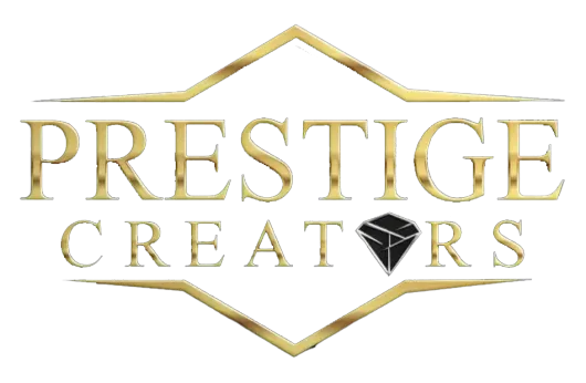 Gold-colored text "PRESTIGE CREATORS" featuring a black diamond icon in place of the letter "A," set inside gold borders.