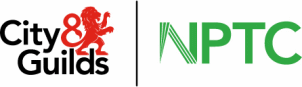 A logo for city and guilds nptc with a red lion on it.