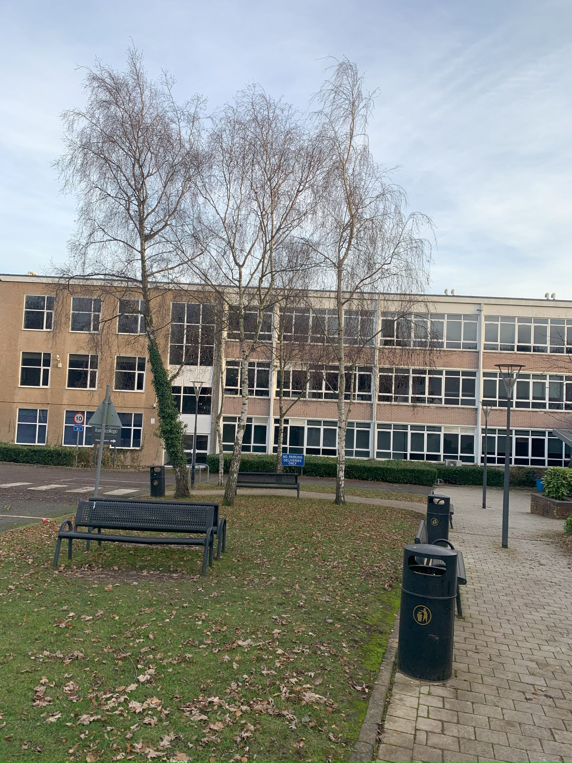 A large building with a park in front of it