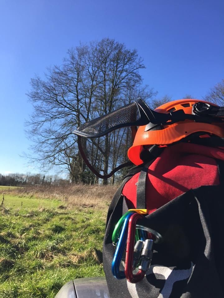 A backpack with a helmet and carabiners on it is sitting in a field.