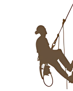 A silhouette of a man climbing a rope on a white background