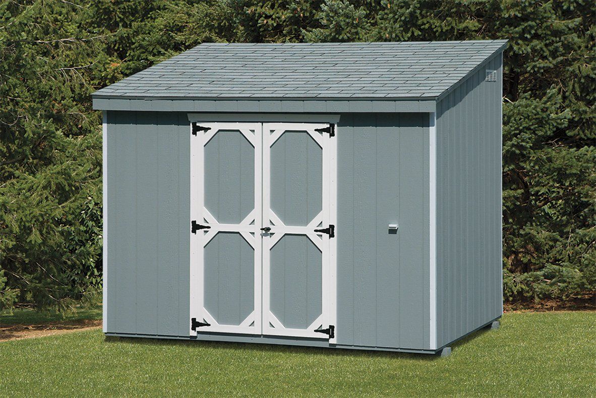 Light blue Lean-To Shed with white trim, double doors, and matching light blue roofing