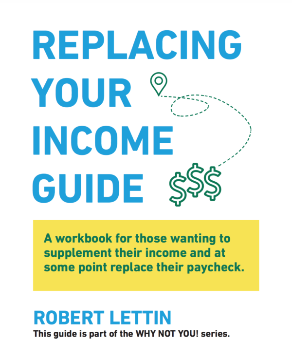 Book cover: “Replacing Your Income Guide” in blue and yellow with money symbols and subtitle text.