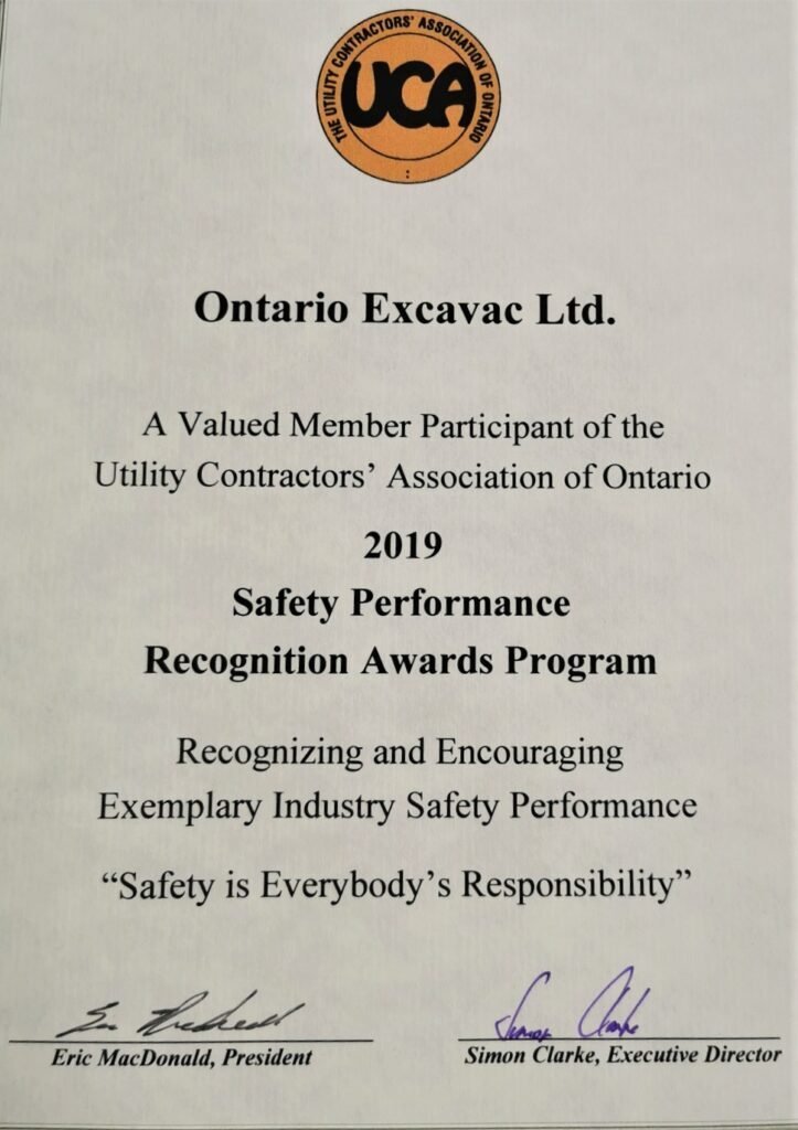 Ontario Excavac wins Utility Contractors Association of Ontario Safety Performance Award