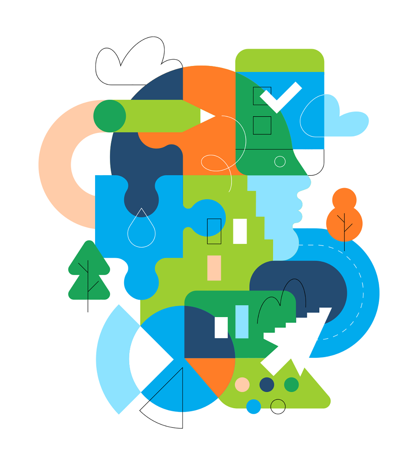 Colourful illustration showing people, roads, and safety equipment
