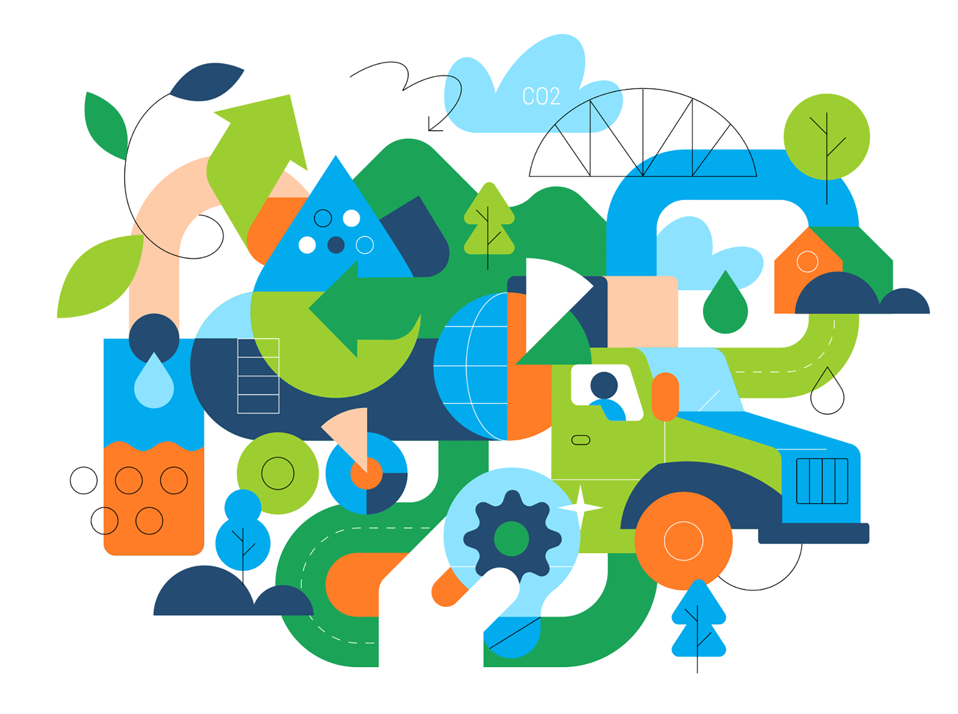 Colourful illustration showing people, roads, and safety equipment