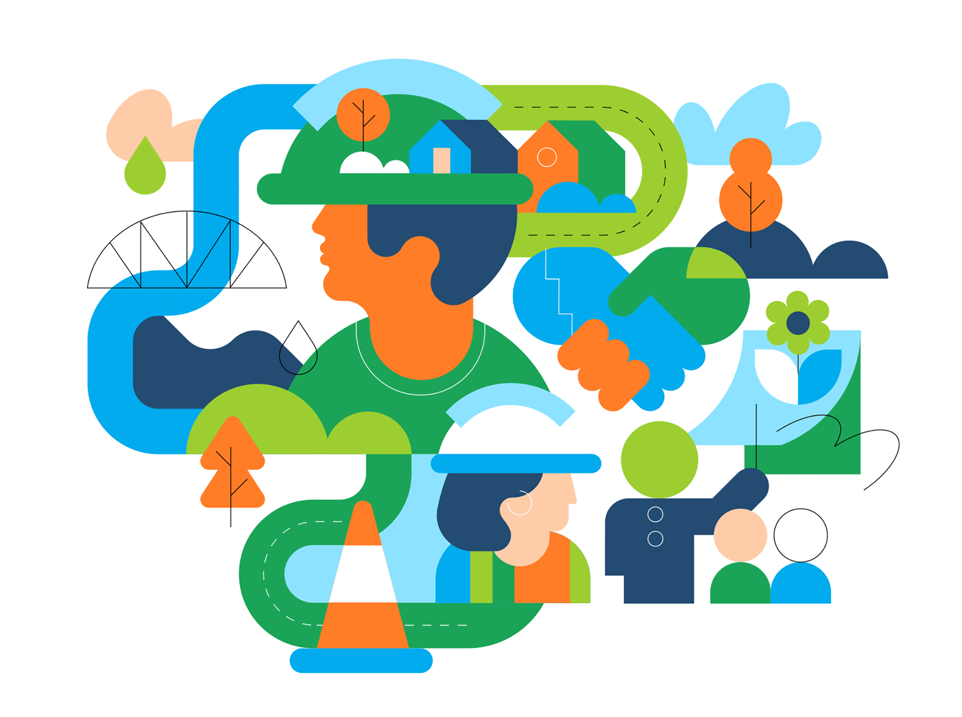 Colourful illustration showing people, roads, and safety equipment