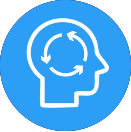 Blue circle with white outline of a head containing a looping arrow symbol, representing thought process.