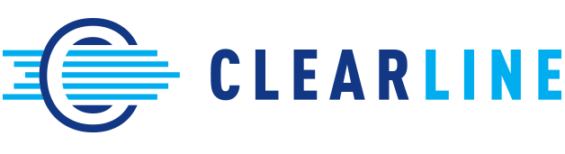Logo for CLEARLINE with a dark blue circle and horizontal light blue lines. Text is dark and light blue.