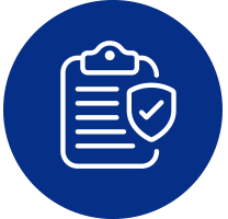 Blue circle with a clipboard icon and a shield with a checkmark.