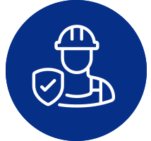 Construction worker with a shield and check mark, in a blue circle.