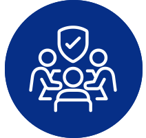 Group of people with a shield icon above them, representing security and protection.