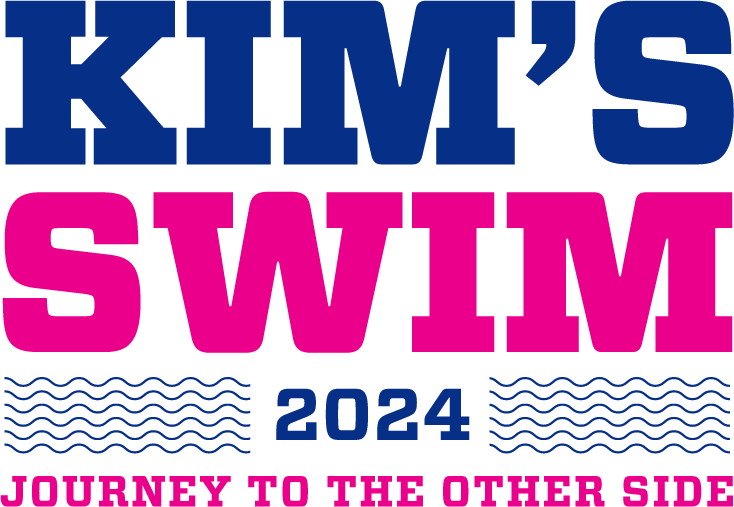 Kim's Swim 2024 logo in blue and pink, with wavy lines. Text: 