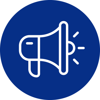 White megaphone icon on a blue circle, representing an announcement or promotion.