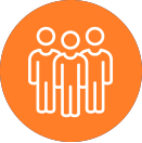 Three white figures standing in a row inside an orange circle.